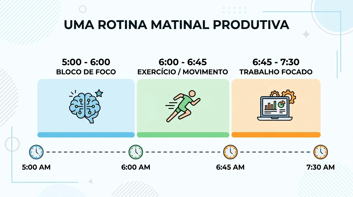 Infográfico: rotina matinal produtiva - bloco de foco, exercício e trabalho profundo