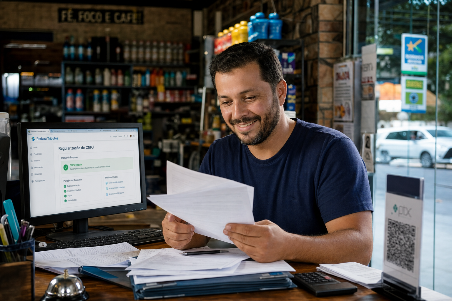 Empreendedor consultando documentos tributários no computador