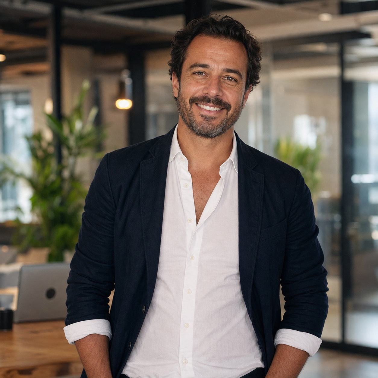 Marcos Rinaldi fundador da Biografia 365 em reunião com equipe em Curitiba