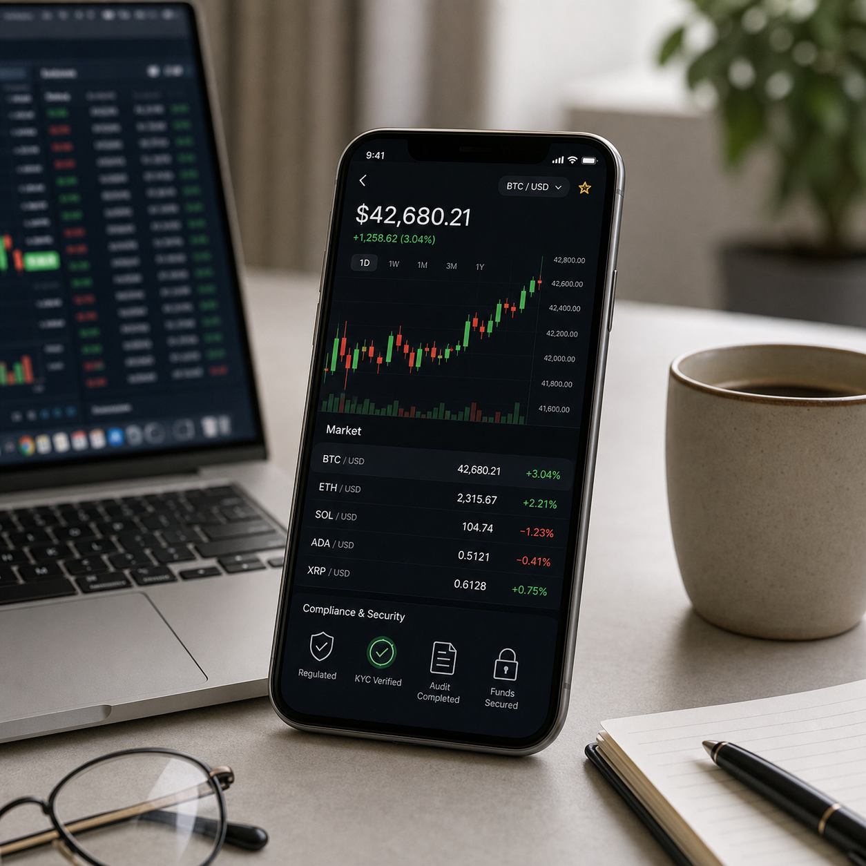 Pessoa segurando smartphone com app de exchange de criptomoedas na tela