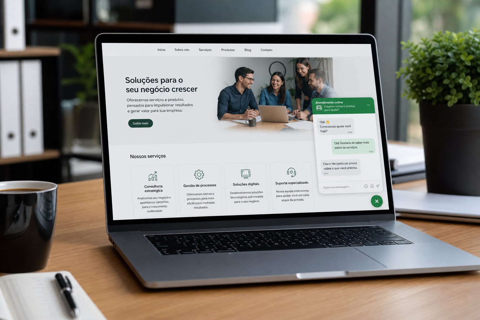 Chatbot Tawk.to ativo em site de pequena empresa