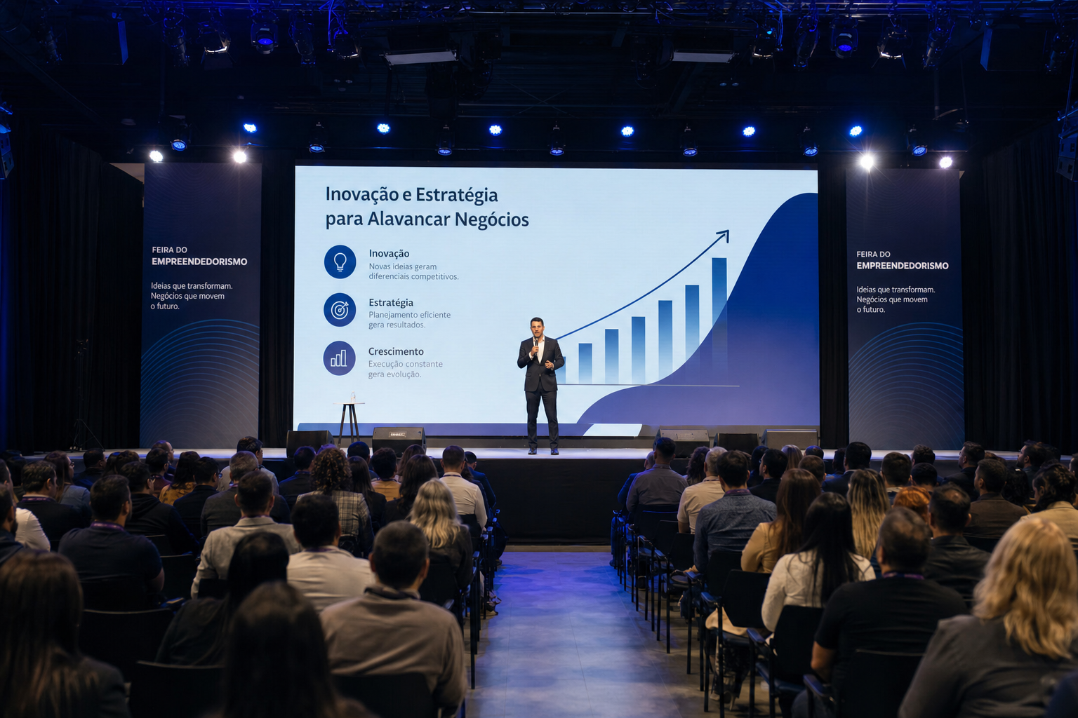 Palestrante no palco principal da Feira do Empreendedorismo