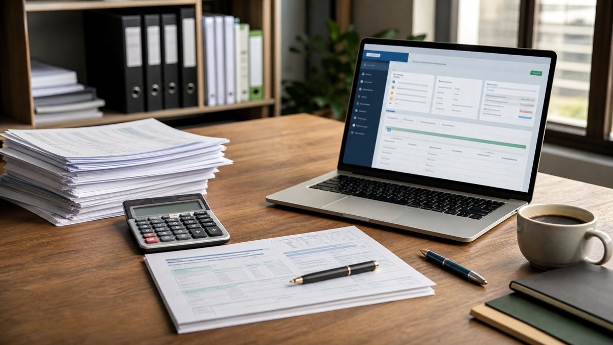 Contadora analisando folha de pagamento em escritório de PME