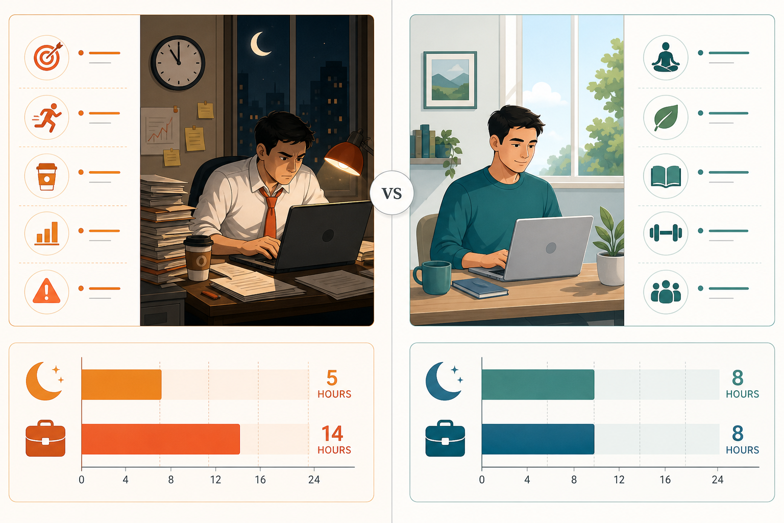 Infografico comparativo entre rotina high performer e rotina sustentavel