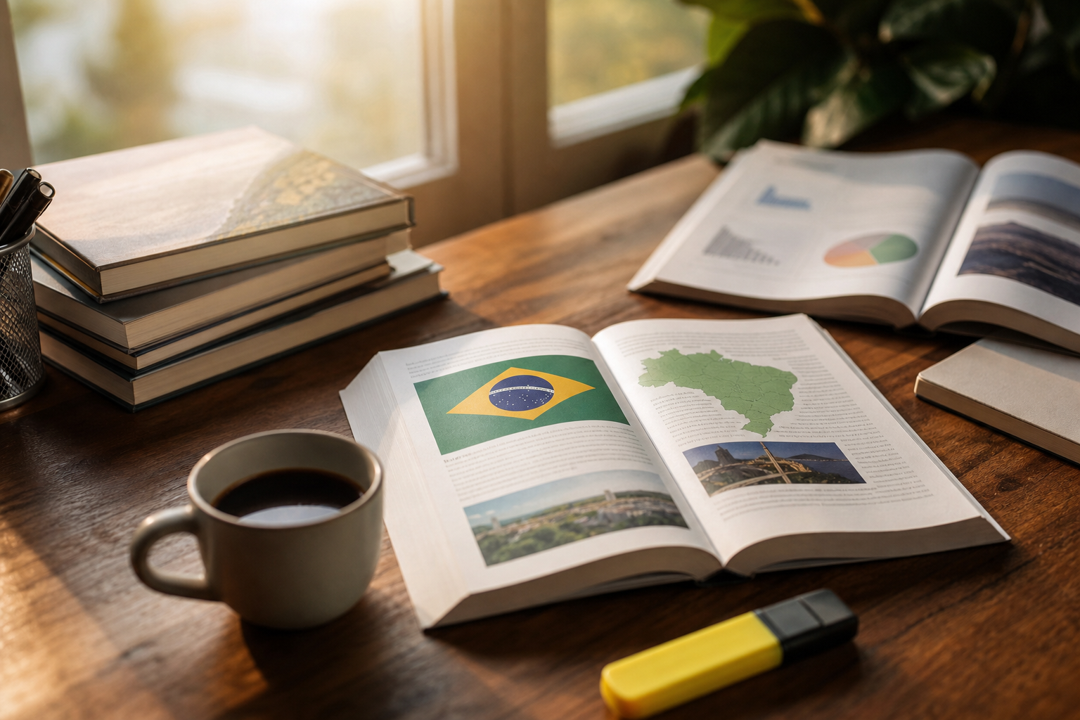 Mesa de trabalho com livros de gestão, marcador de texto e café ao lado de notebook aberto em planilha financeira