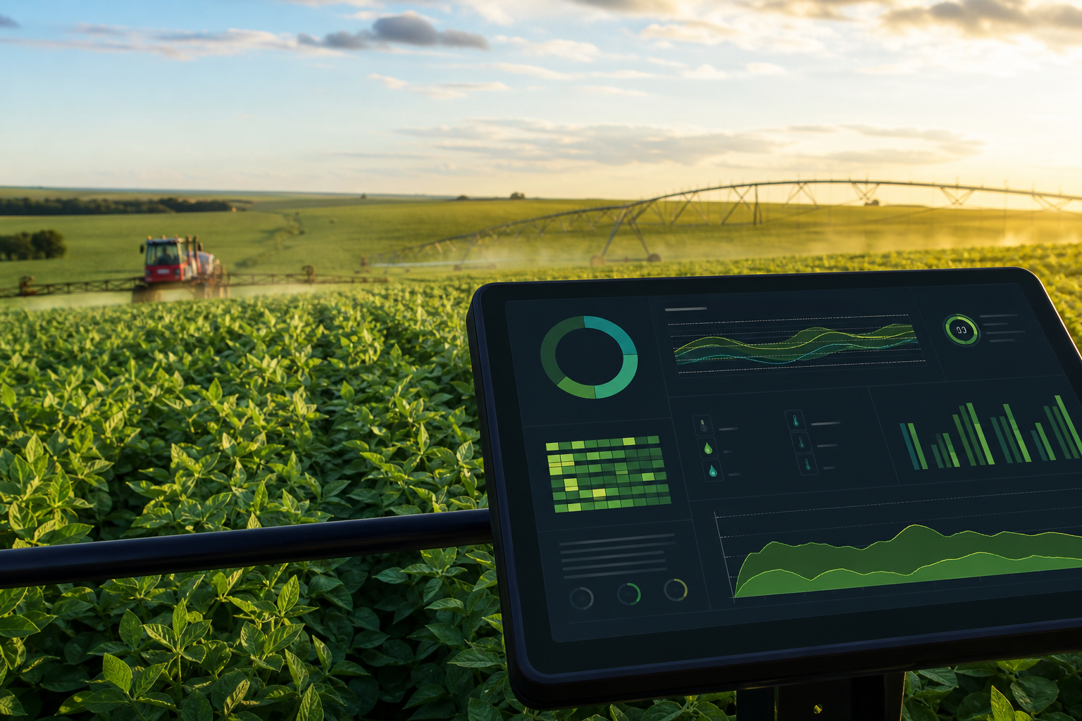 Foto de fazenda brasileira moderna com painel digital mostrando dados de produtividade em tempo real