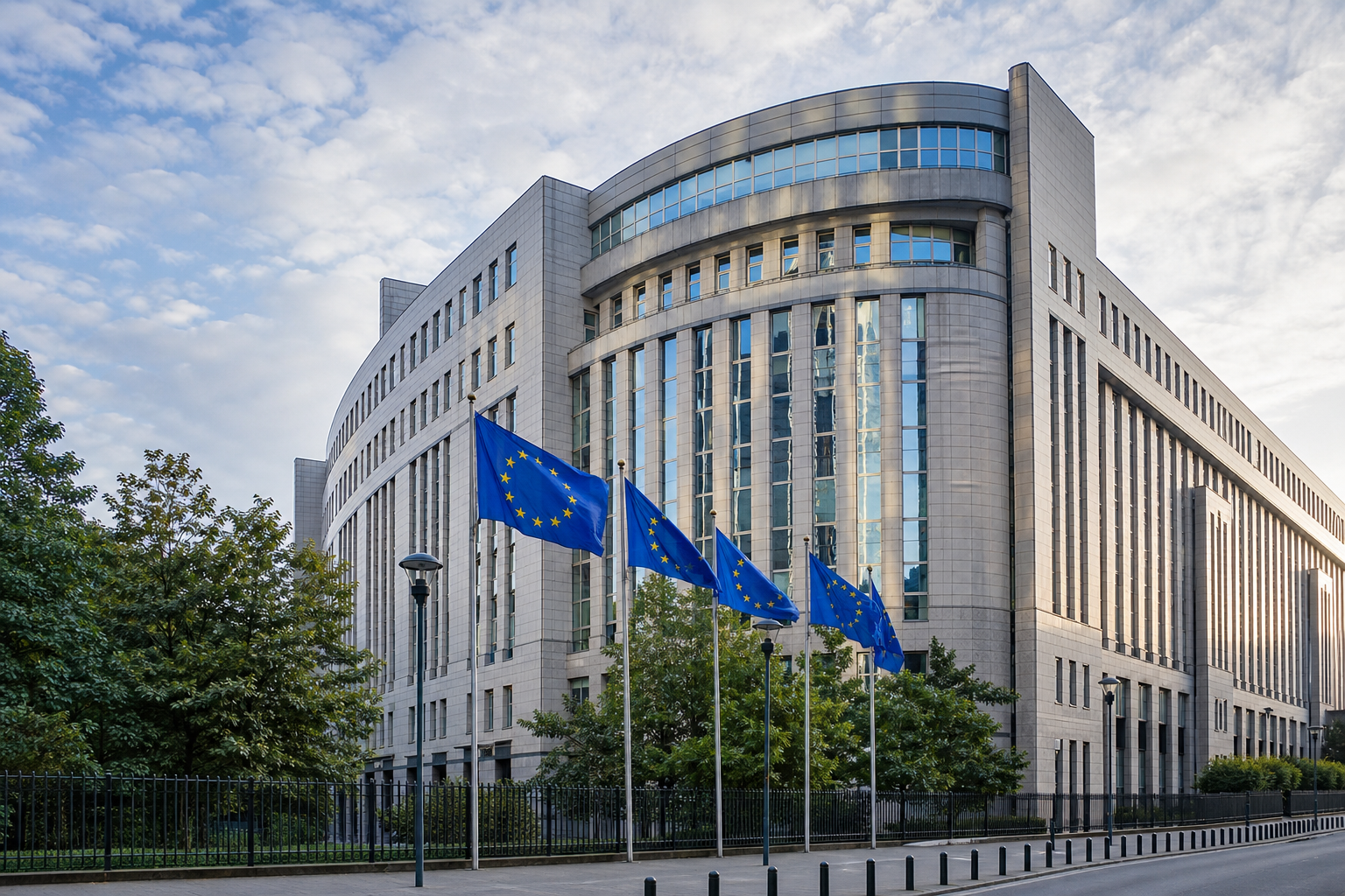 Sede da Comissão Europeia com bandeiras da União Europeia ao fundo, em referência ao julgamento antitruste contra o Google