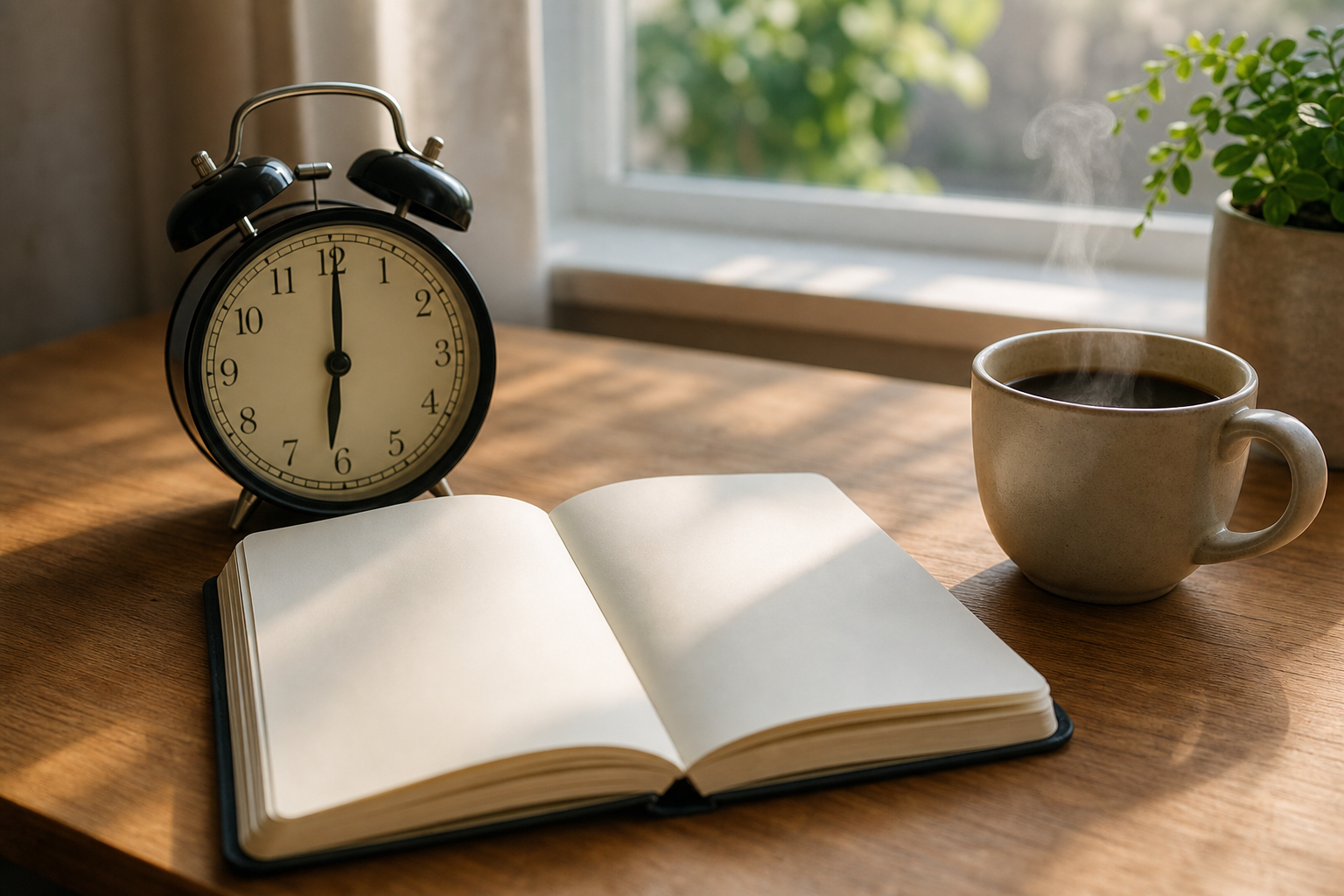 Mesa de trabalho com agenda aberta, cafe e despertador analogico marcando 7h00