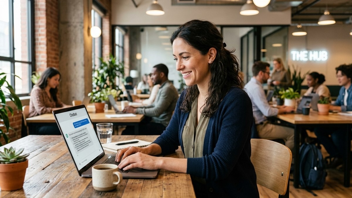 Pequeno empresário usando laptop em escritório em casa moderno, com interface de chatbot de IA visível na tela, plantas ao fundo e luz natural do dia.