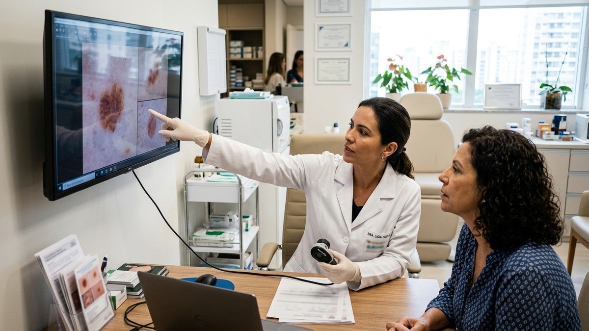 Médica aponta para exame de pele na tela enquanto conversa com paciente em consultório.