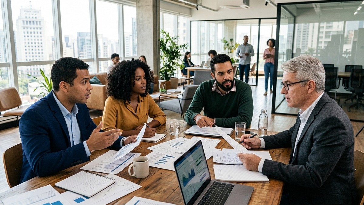 Quatro profissionais analisam papéis e conversam ao redor de uma mesa em um escritório.