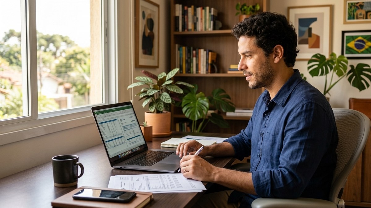 Empreendedor brasileiro sentado em uma mesa pequena com calculadora e documentos fiscais, olhando atento para formulários de impostos, iluminação natural vindo da janela.