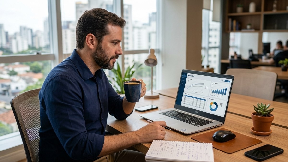 Gráficos e indicadores financeiros exibidos na tela de um tablet sobre uma mesa de madeira, com xícara de café e cédulas de real ao fundo, luz suave do início da manhã.