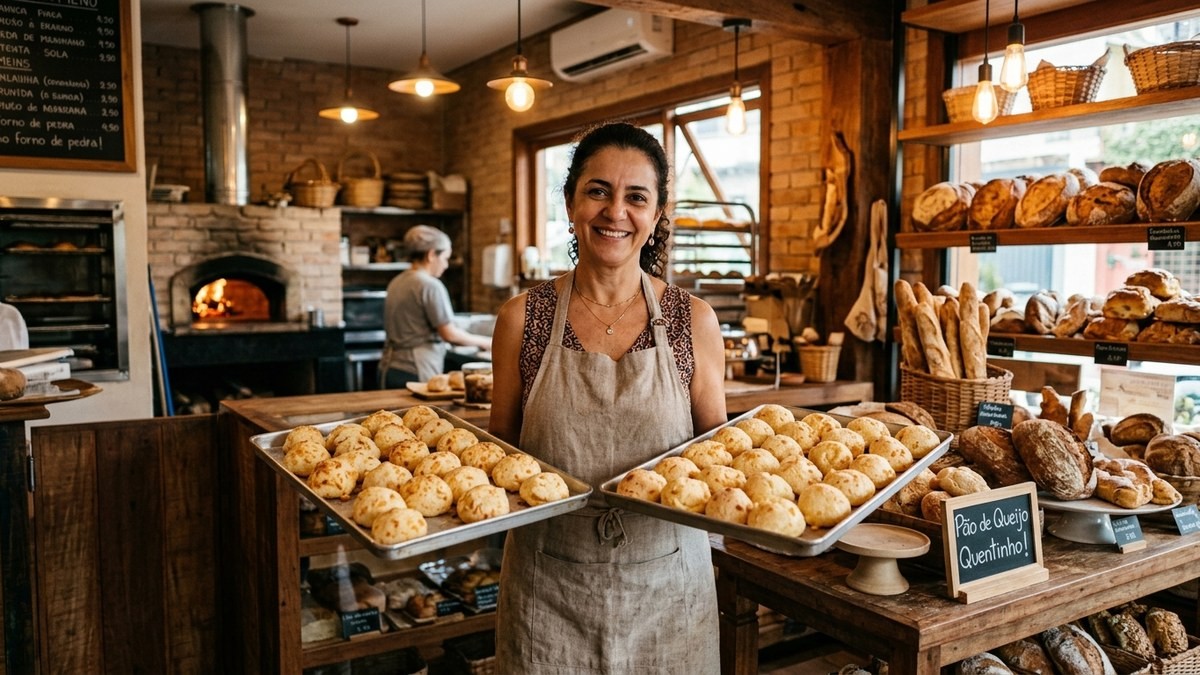 Pães de queijo mineiros frescos em uma cesta de madeira rústica, vapor subindo, cozinha tradicional de Minas Gerais ao fundo com iluminação dourada e quente.