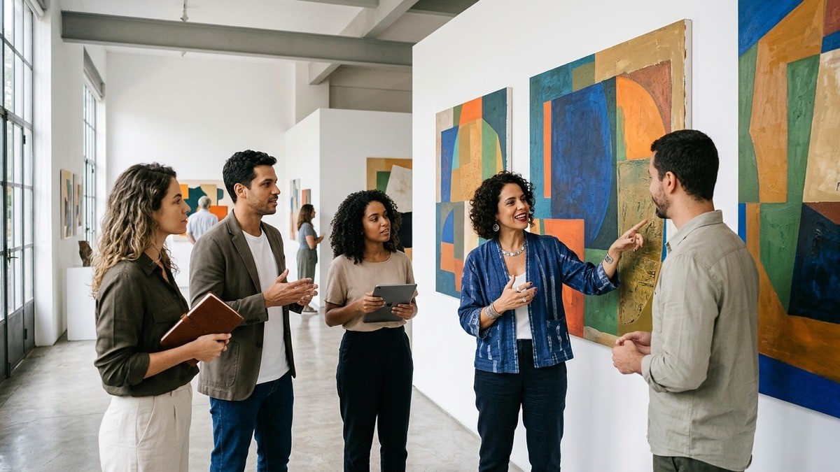 Mulher aponta para um quadro abstrato enquanto conversa com pessoas em uma galeria.