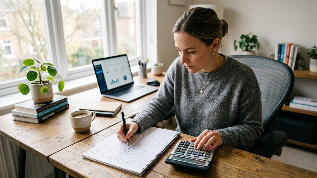 Planilha de precificação aberta na tela de um laptop, com fórmulas e cálculos visíveis, caneta, caderno e calculadora sobre uma mesa organizada, vista de cima.