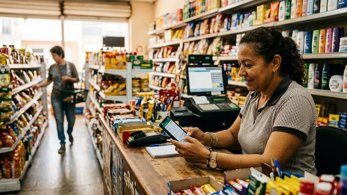 Smartphone exibindo tela do WhatsApp Business com mensagens automáticas, mãos digitando, ambiente de cafeteria aconchegante ao fundo com iluminação quente.