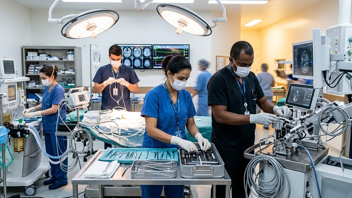 Equipe médica com máscaras organiza instrumentos e ajusta equipamentos em centro cirúrgico.