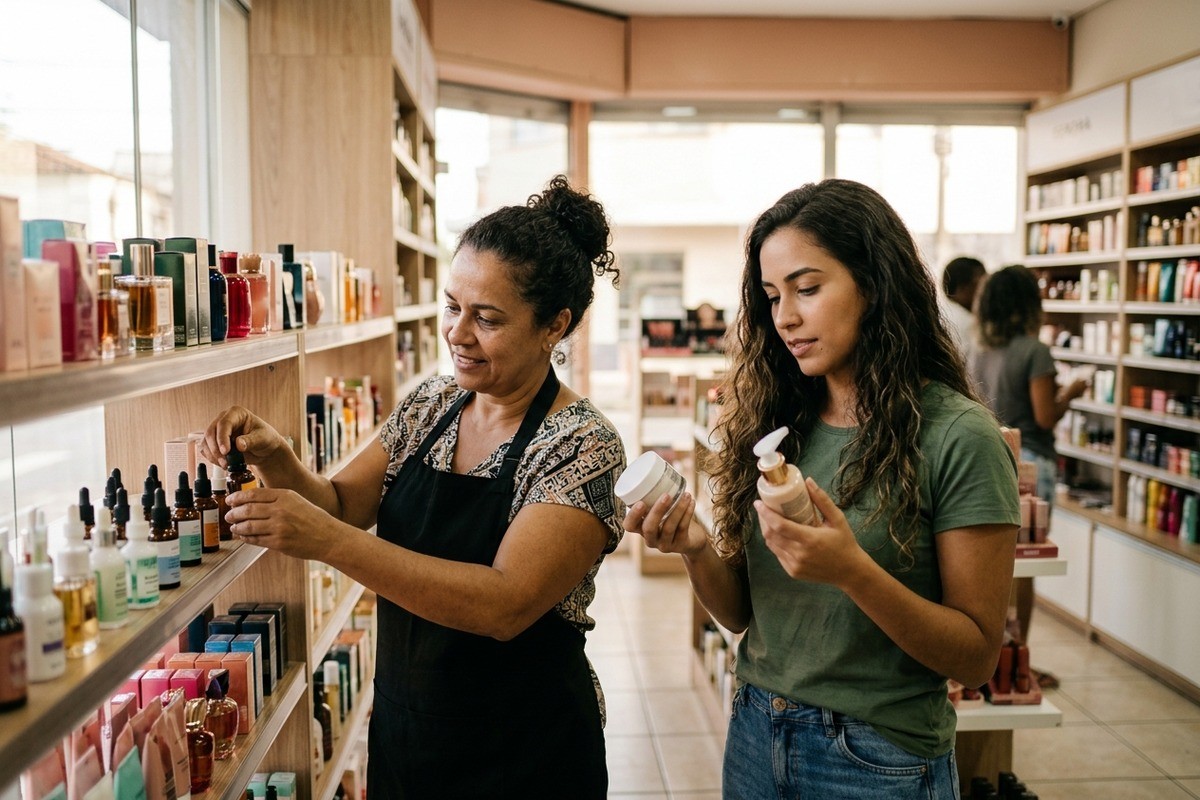 Vendedora de avental mostra produto na prateleira para cliente em loja de cosméticos.