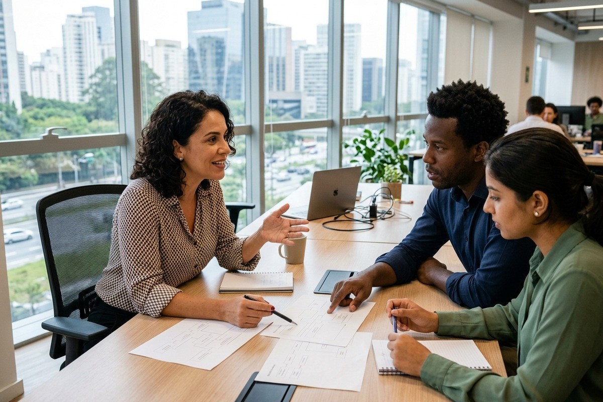 Três profissionais conversam e analisam papéis sobre mesa de escritório com vista da cidade.