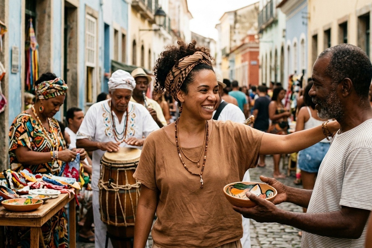 Mulher sorridente conversa com homem segurando tigela de cerâmica em feira ao ar livre.