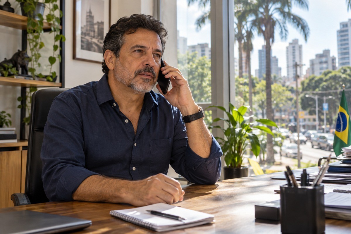 Homem de camisa azul fala ao celular sentado à mesa de trabalho em um escritório.