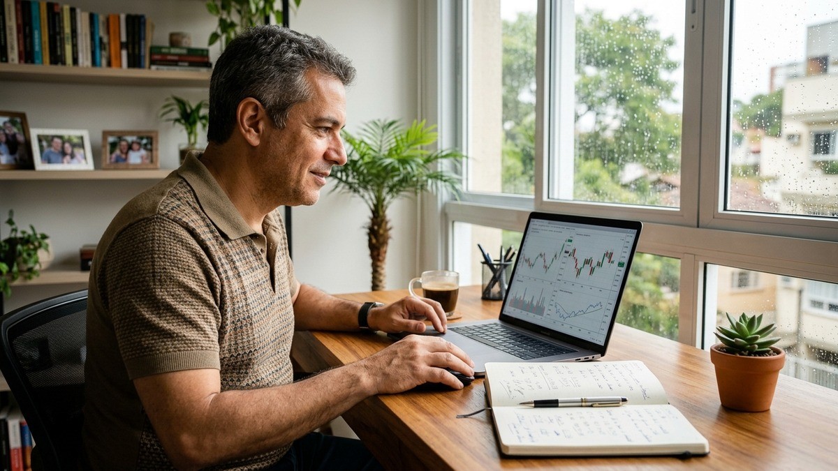 Homem sentado à mesa de madeira observa gráficos de ações na tela do notebook.