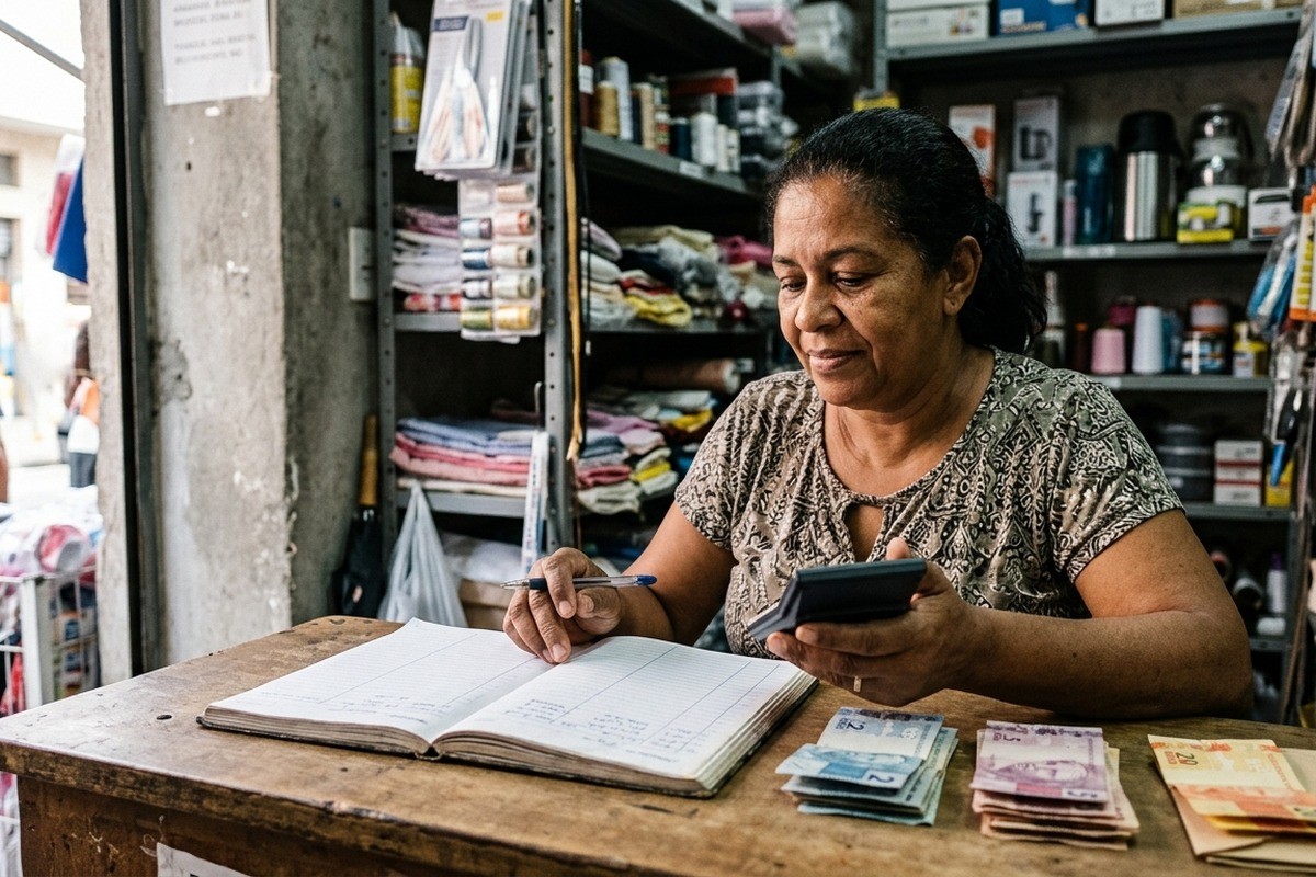 Mulher usa calculadora e caneta sobre caderno com dinheiro no balcão de uma loja.