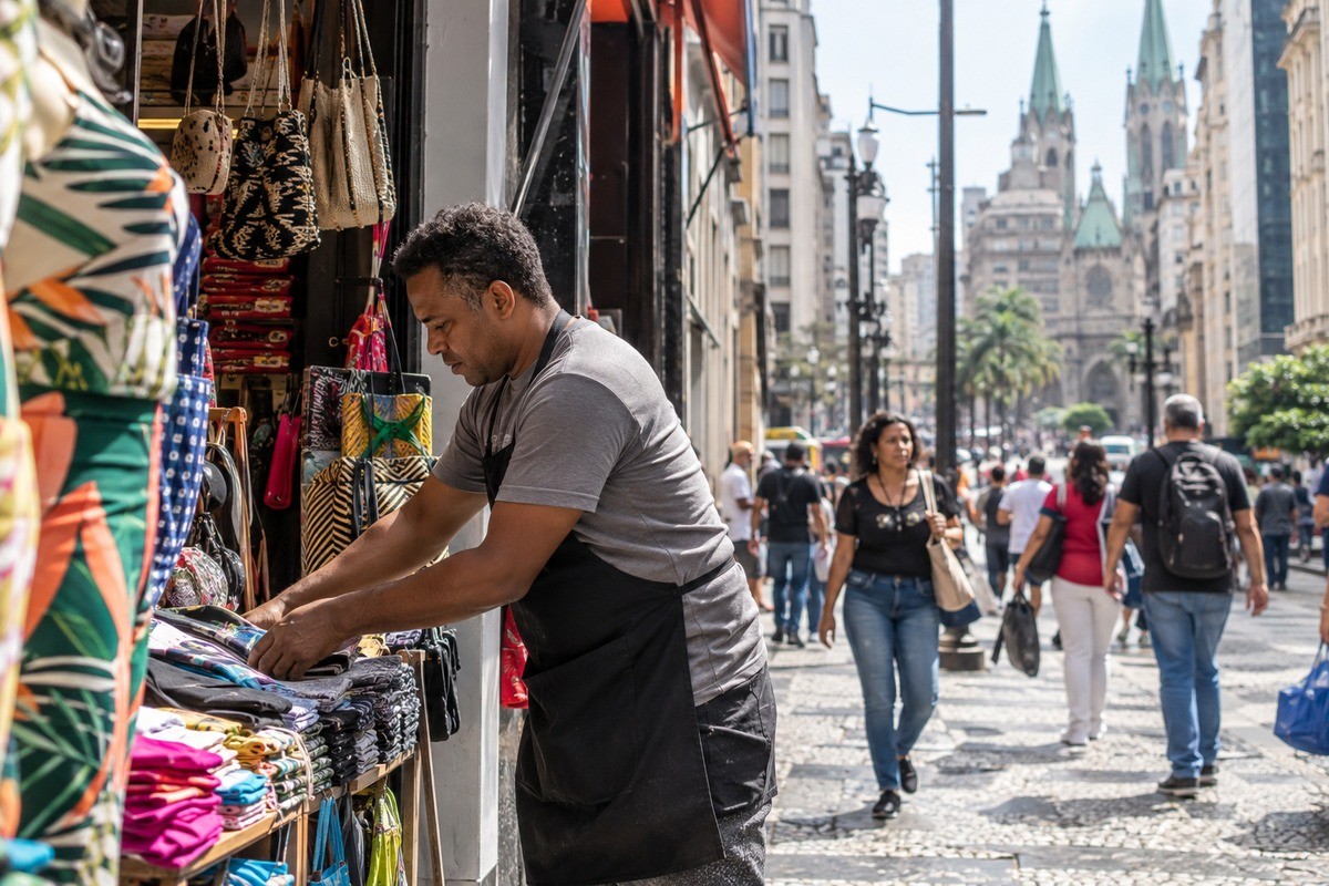 Comerciante ajusta roupas em expositor na calçada enquanto pedestres caminham ao fundo.