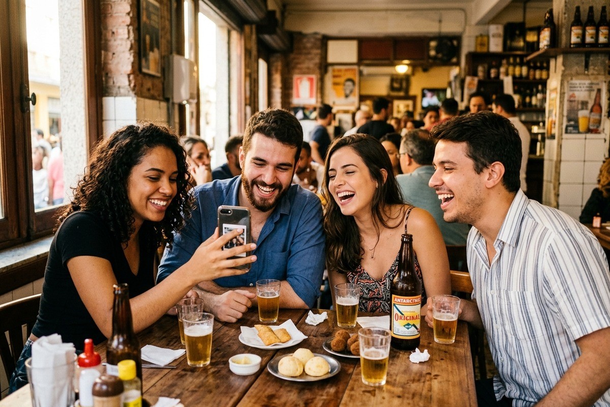 Quatro jovens riem enquanto olham para a tela de um celular em um bar.