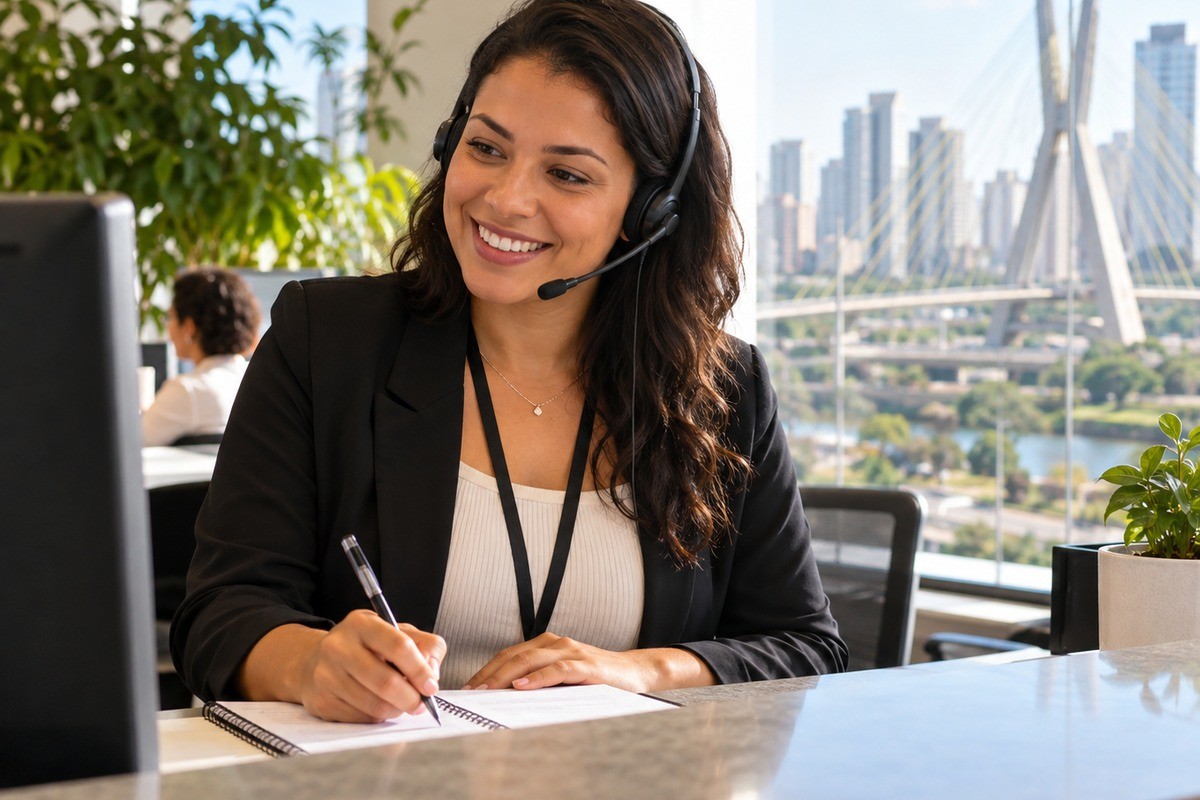 Mulher usando headset sorri e anota em caderno diante de computador no escritório.