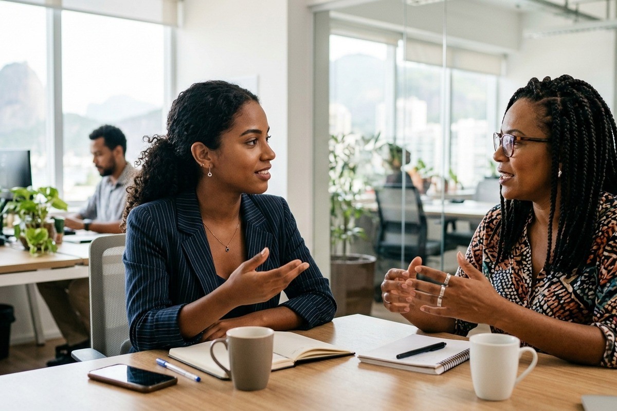 Duas mulheres conversam e gesticulam sentadas à mesa de trabalho em um escritório.