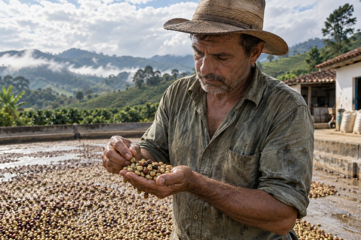 Agricultor de chapéu examina grãos de café nas mãos em uma fazenda ao ar livre