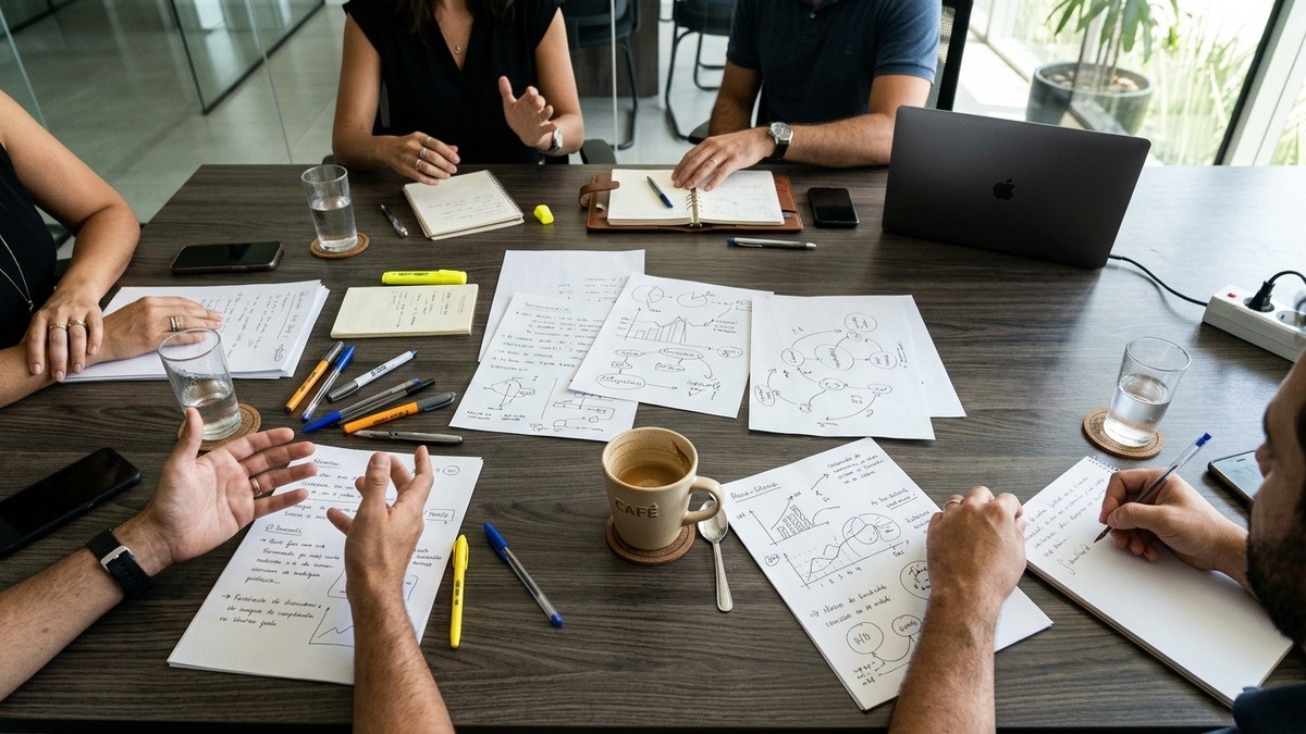 Pessoas sentadas ao redor de uma mesa de reunião analisam papéis e fazem anotações.