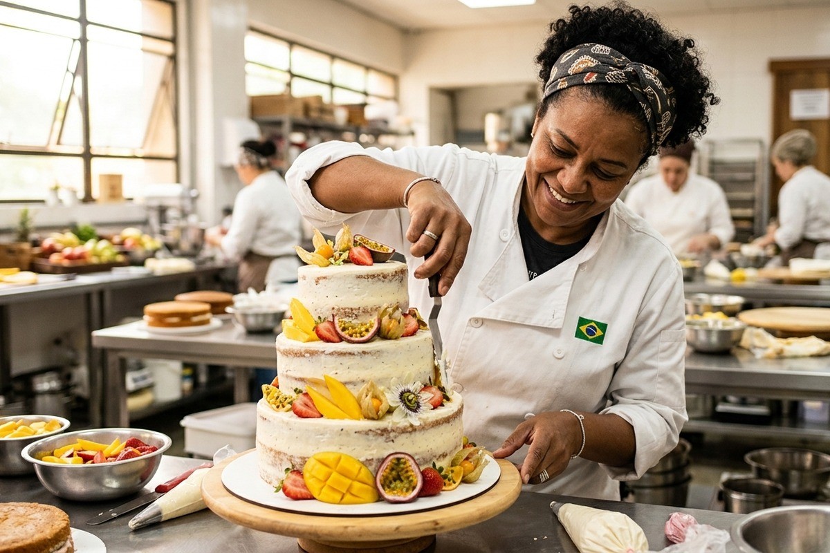 Confeiteira usa espátula para decorar bolo de três andares com frutas em cozinha profissional.