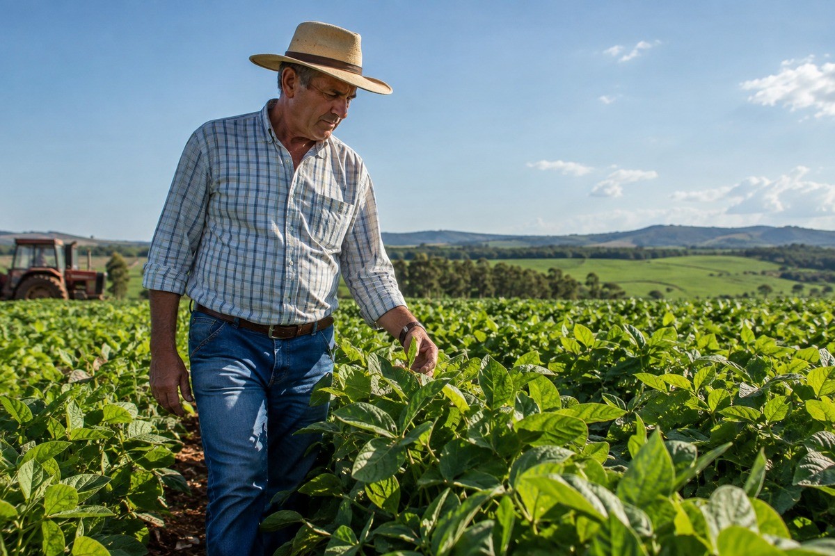 Agricultor de chapéu de palha examina folha em plantação com trator ao fundo.