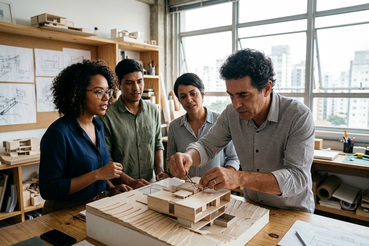 Arquiteto ajusta detalhes de maquete com pinça enquanto três colegas observam em escritório.