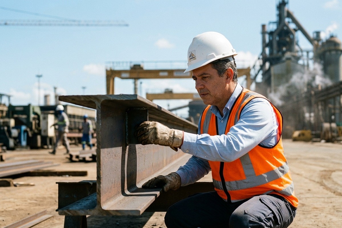 Homem usando capacete e colete de segurança examina viga metálica em pátio industrial.