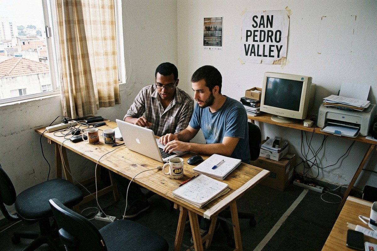 Dois homens trabalham juntos em um notebook sobre uma mesa de madeira no escritório.
