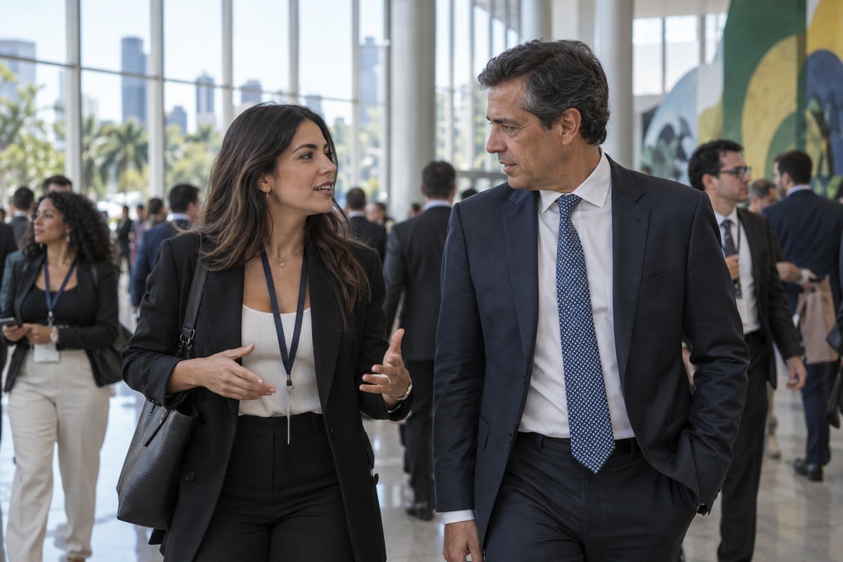 Executiva e executivo conversam enquanto caminham pelo saguão de um evento corporativo.