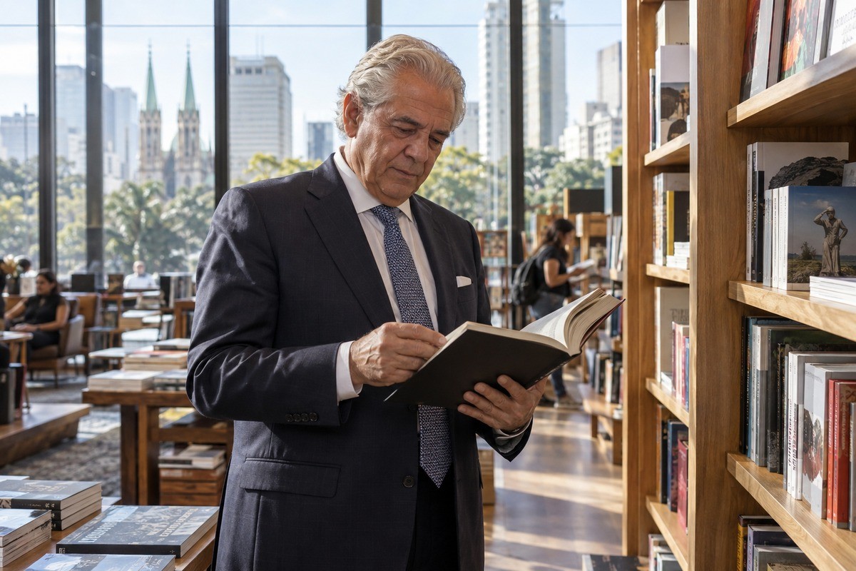 Homem de terno lê um livro em uma livraria com vista para a cidade.