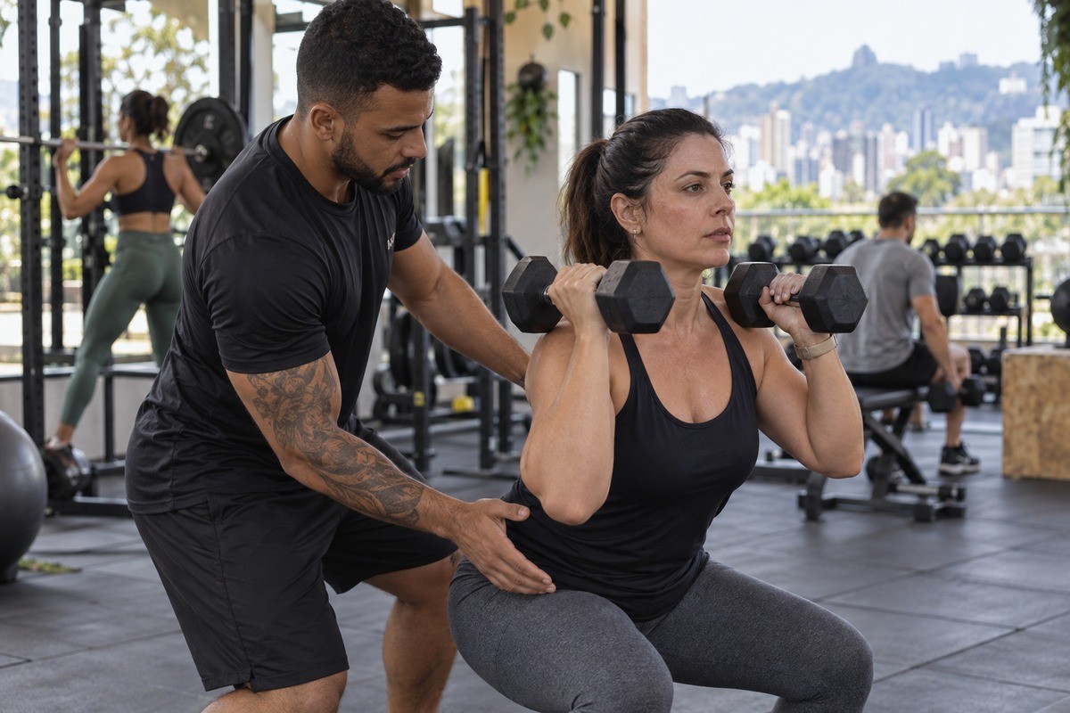 Instrutor orienta mulher enquanto ela faz agachamento segurando halteres em uma academia.