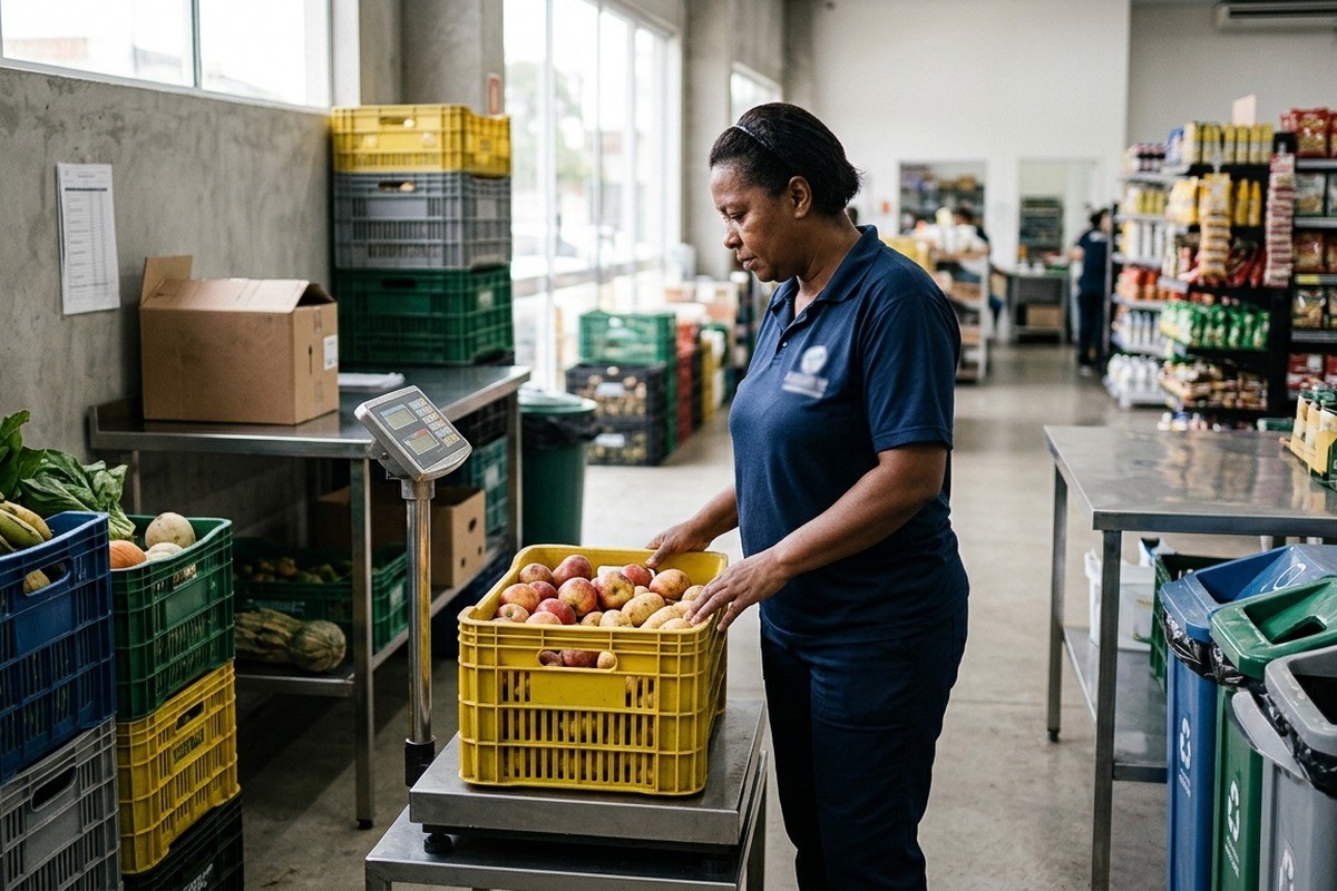 Funcionária de uniforme azul pesa caixa plástica de maçãs em balança de mercado.