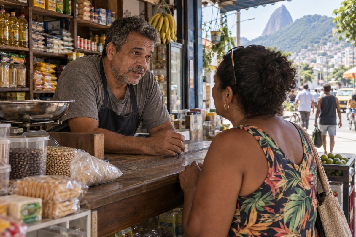 Comerciante conversa com cliente no balcão de uma mercearia com Pão de Açúcar ao fundo.