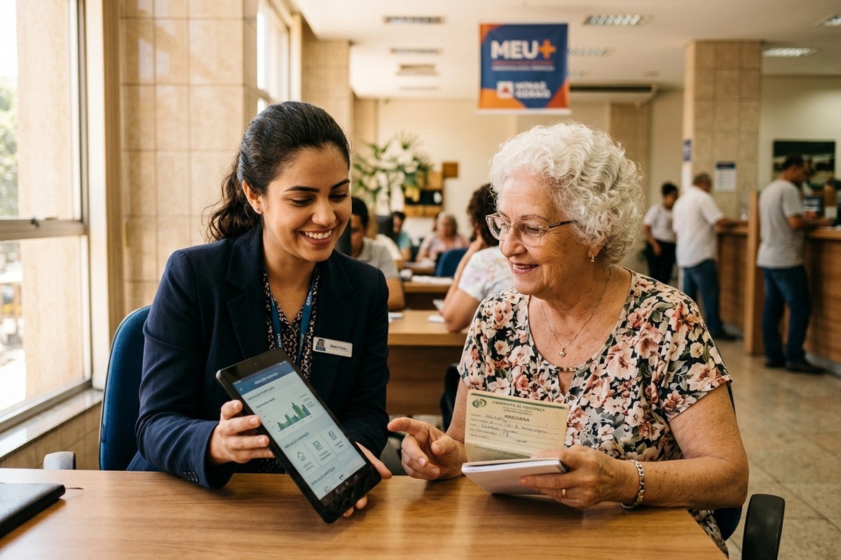 Atendente mostra tela de tablet para senhora segurando documento em mesa de atendimento.