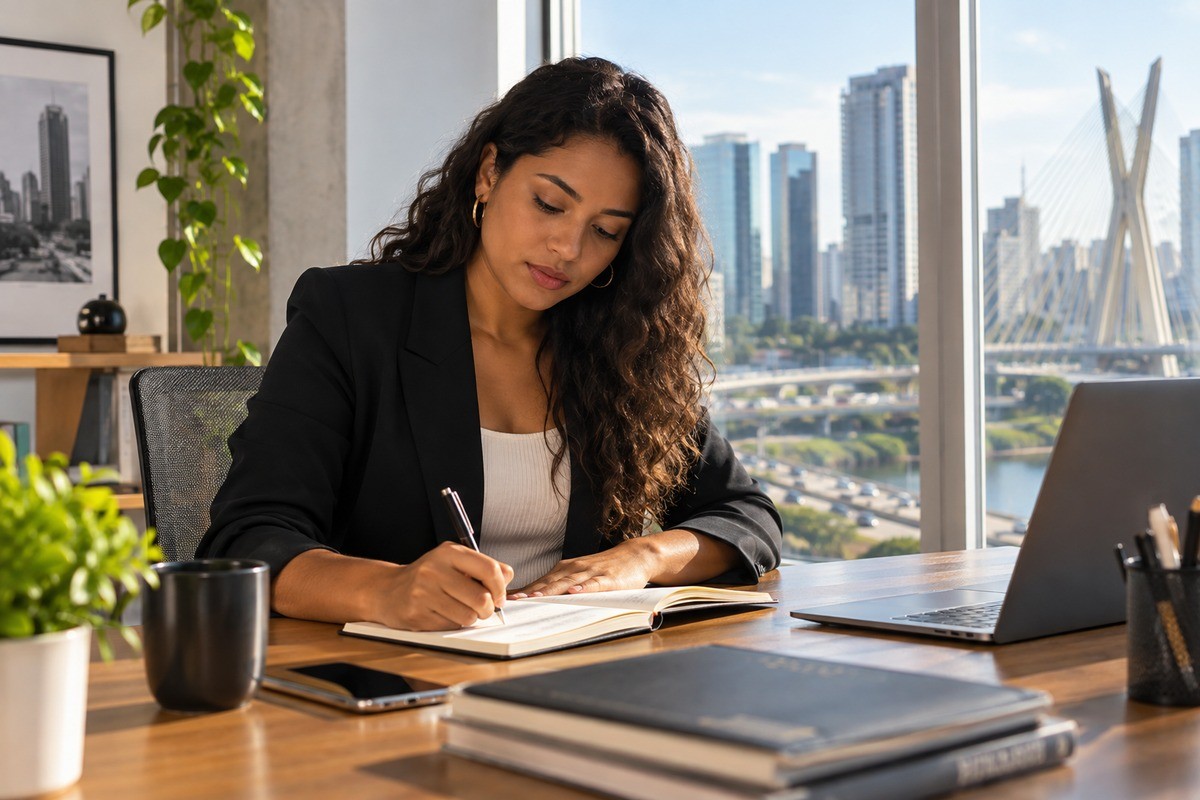 Mulher de blazer preto escreve em um caderno diante de janela com vista da cidade