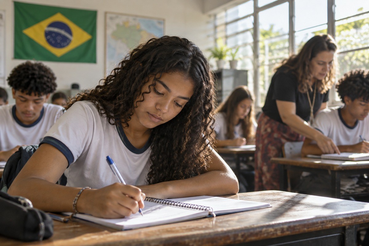 Estudante escreve em caderno na sala de aula enquanto professora orienta aluno ao fundo.