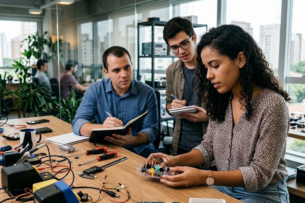 Mulher trabalha em protótipo eletrônico na bancada enquanto dois homens fazem anotações.