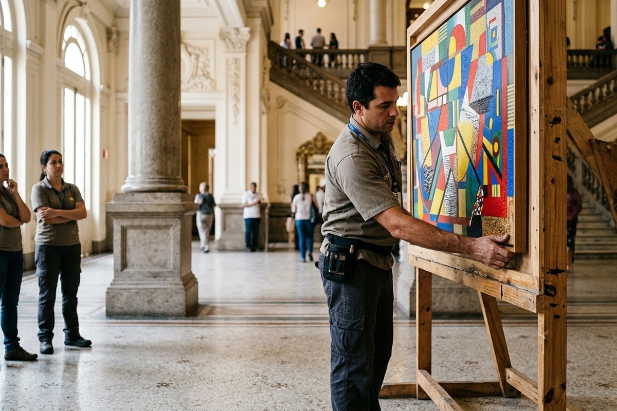Técnico ajusta quadro colorido em estrutura de madeira enquanto duas mulheres observam no museu.