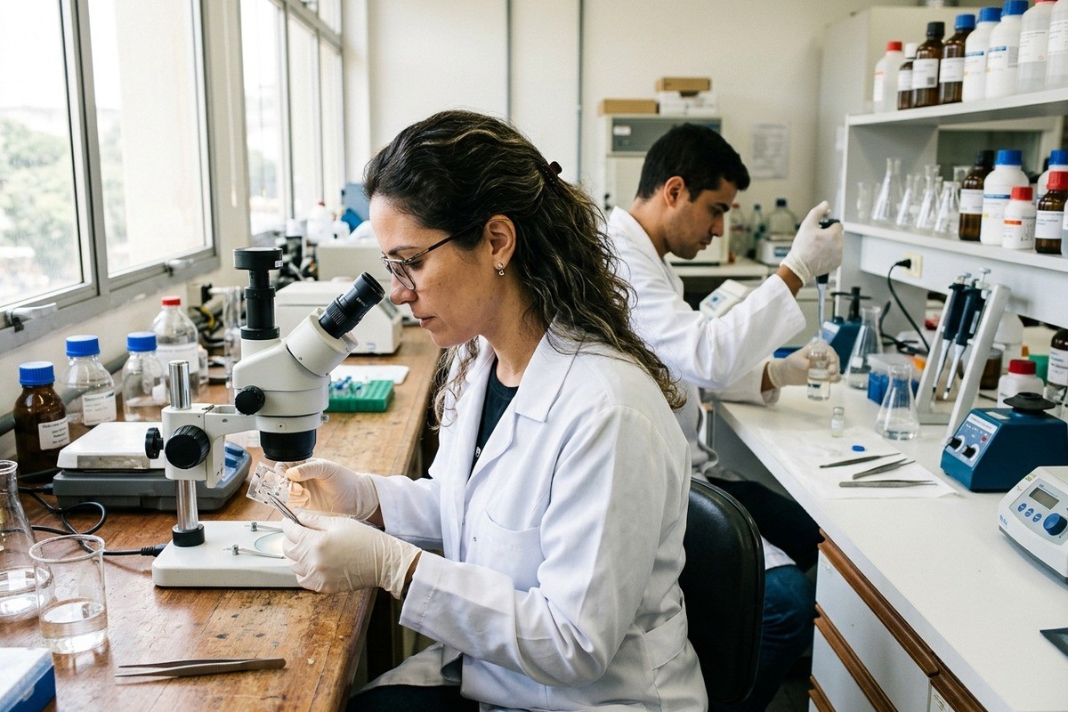 Cientista segura placa de análise junto ao microscópio enquanto colega manipula solução em laboratório.